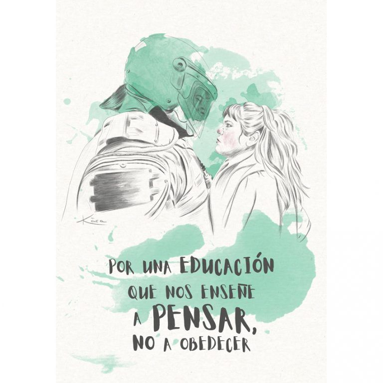 Cuadro con cartel feminista con frase reivindicativa " Por una educación que nos enseñe a pensar"