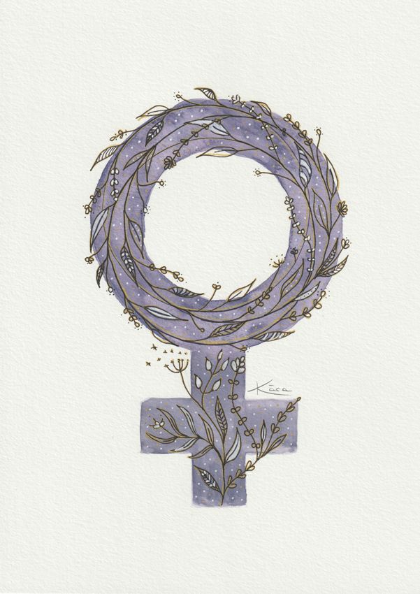 Acuarela con símbolo feminista morado con plantas