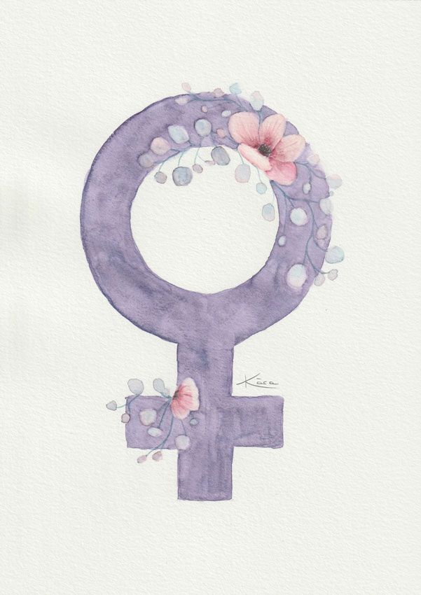 Acuarela con símbolo feminista morado con flores